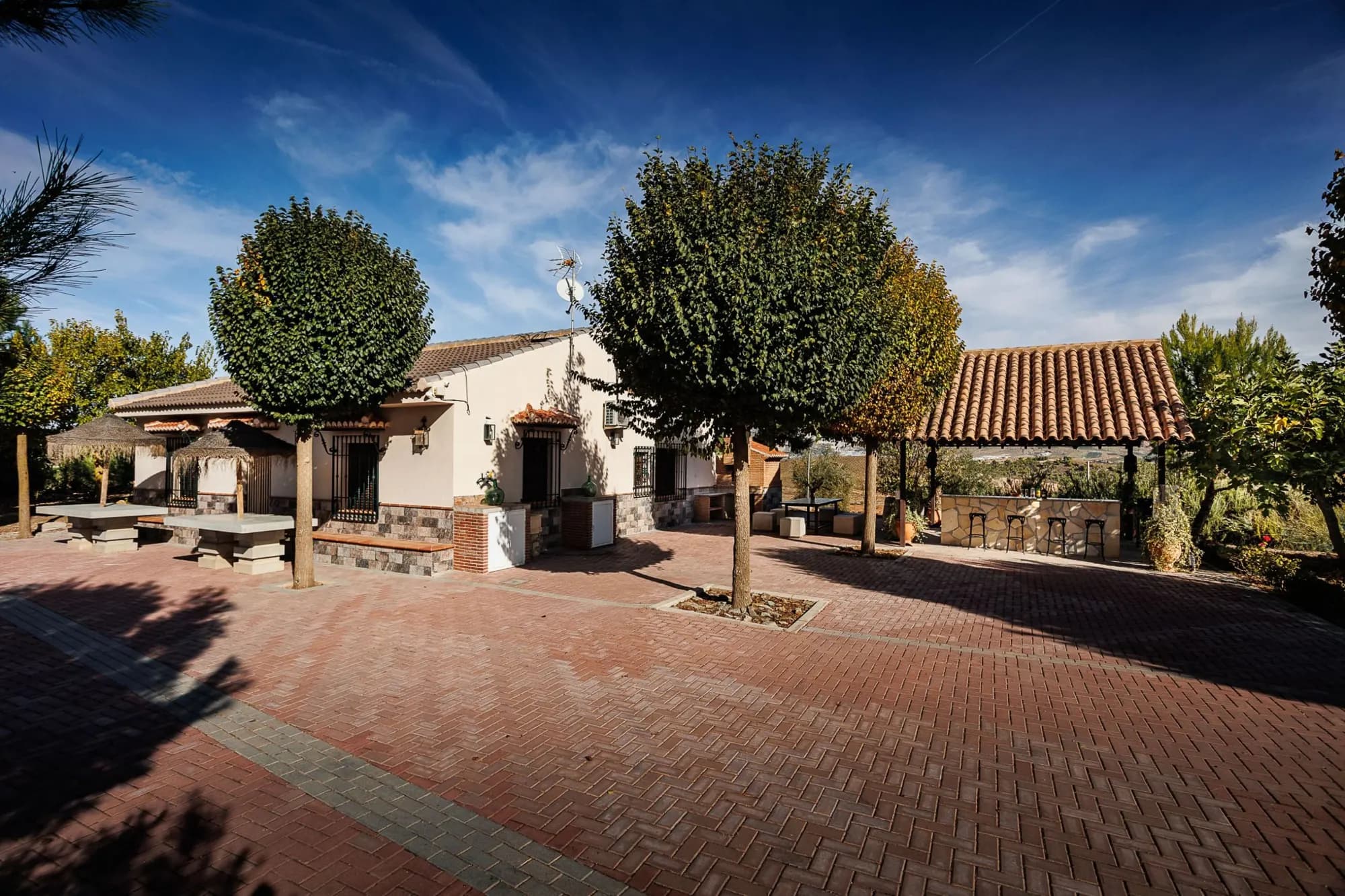 La casa y el patio arbolado